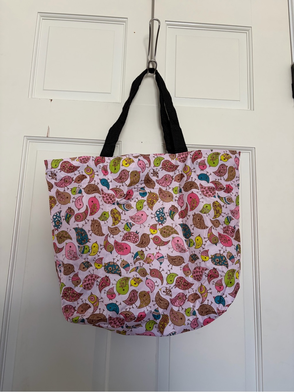 Pink Bird Print Tote Bag with Black Handles